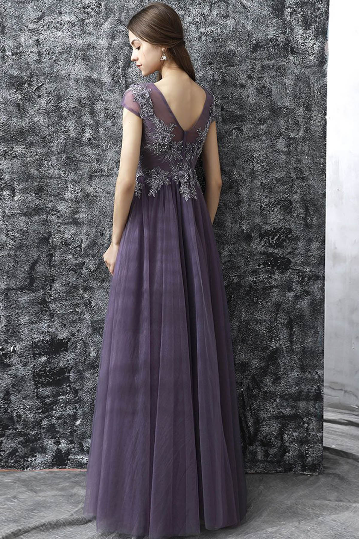 A Line Grey Purple Tulle See Through Long Spring Senior Prom Dress With Sleeves OHC482