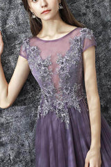 A Line Grey Purple Tulle See Through Long Spring Senior Prom Dress With Sleeves OHC482