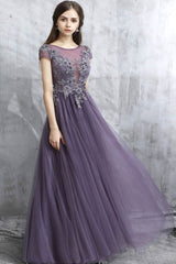 A Line Grey Purple Tulle See Through Long Spring Senior Prom Dress With Sleeves OHC482