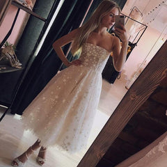 A Line Spaghetti Strap Tea Length Tulle Prom Dress, Homecoming Dress YZ211011