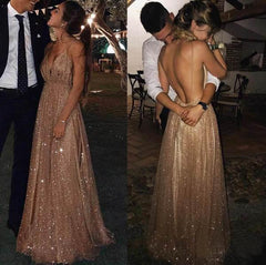 A Line Spaghetti Straps Backless V Neck Long Prom Dress, Evening Dresses YZ211012