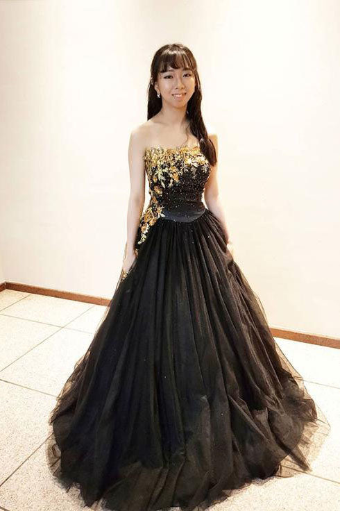 A Line Strapless Black Tulle Gold Lace Sleeveless Long Prom Dress Evening Dress OHC392