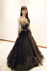 A Line Strapless Black Tulle Gold Lace Sleeveless Long Prom Dress Evening Dress OHC392