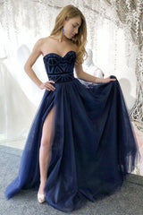 A Line Strapless Sweetheart Navy Blue Tulle Side Slit Long Evening Dress Prom Dress OHC434