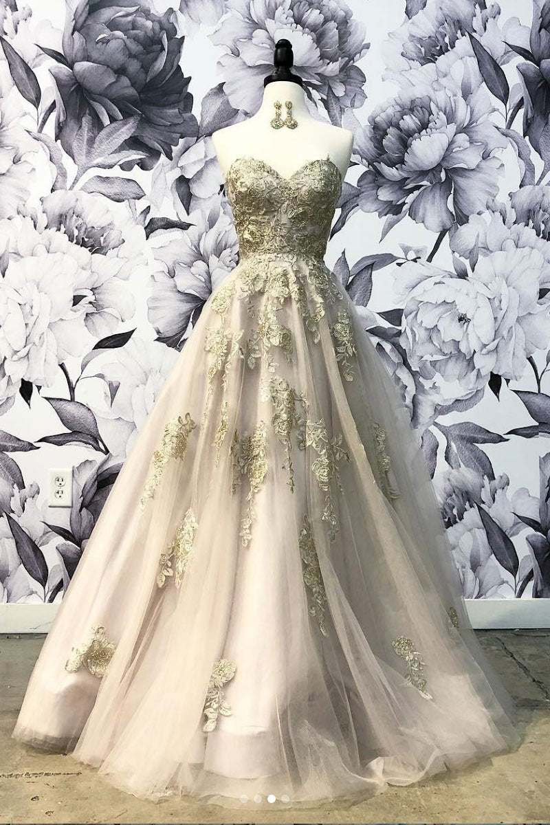 A Line Sweetheart Tulle Long Prom Dress With Lace Appliques, Evening YZ211019