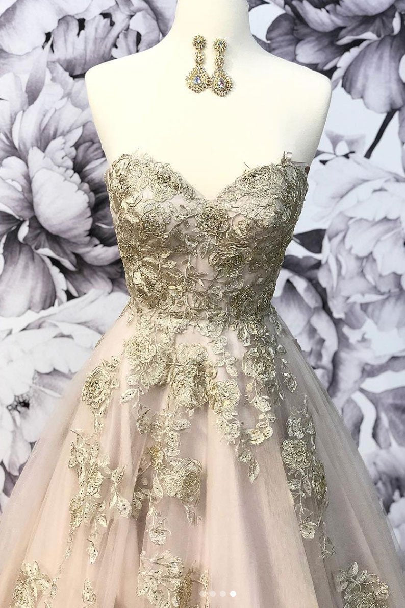 A Line Sweetheart Tulle Long Prom Dress With Lace Appliques, Evening YZ211019