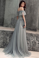 A Line Sweetheart Floor Length Gray Tulle Sweetheart Long Formal Prom Dress With Applique OHC431
