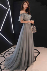A Line Sweetheart Floor Length Gray Tulle Sweetheart Long Formal Prom Dress With Applique OHC431