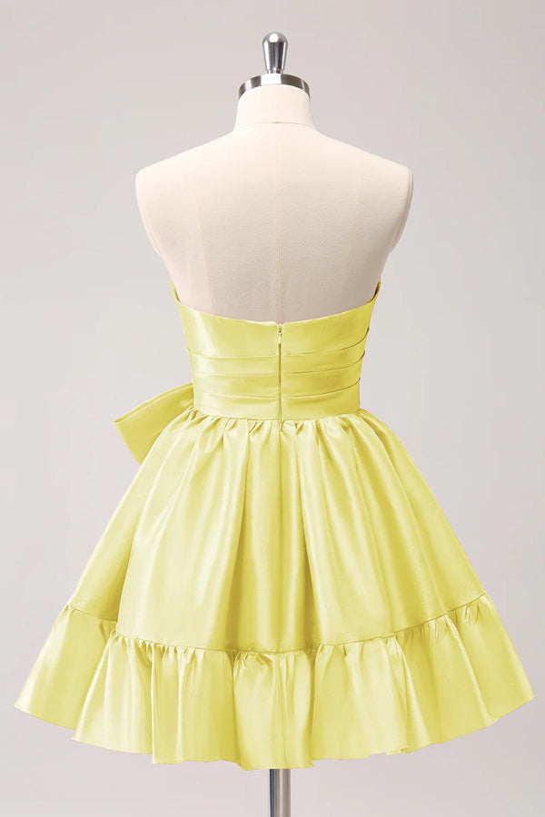 A Line Fuchsia Strapless Ruffle Cute Homecoming Dress with Bow PD558