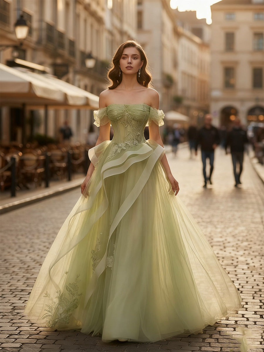 A Line Off-the-Shoulder Appliques Lace Tulle Long Corset Prom Dress