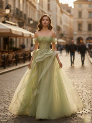 A Line Off-the-Shoulder Appliques Lace Tulle Long Corset Prom Dress