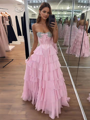 A Line Strapless Sweetheart Tiered Chiffon Long Prom Dress with Beading