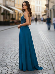 A Line V-Neck Appliques Lace Chiffon Corset Prom Dress with Slit