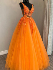 A Line V Neck Orange Lace Prom Dresses, Long Formal Graduation Dresses LO1023