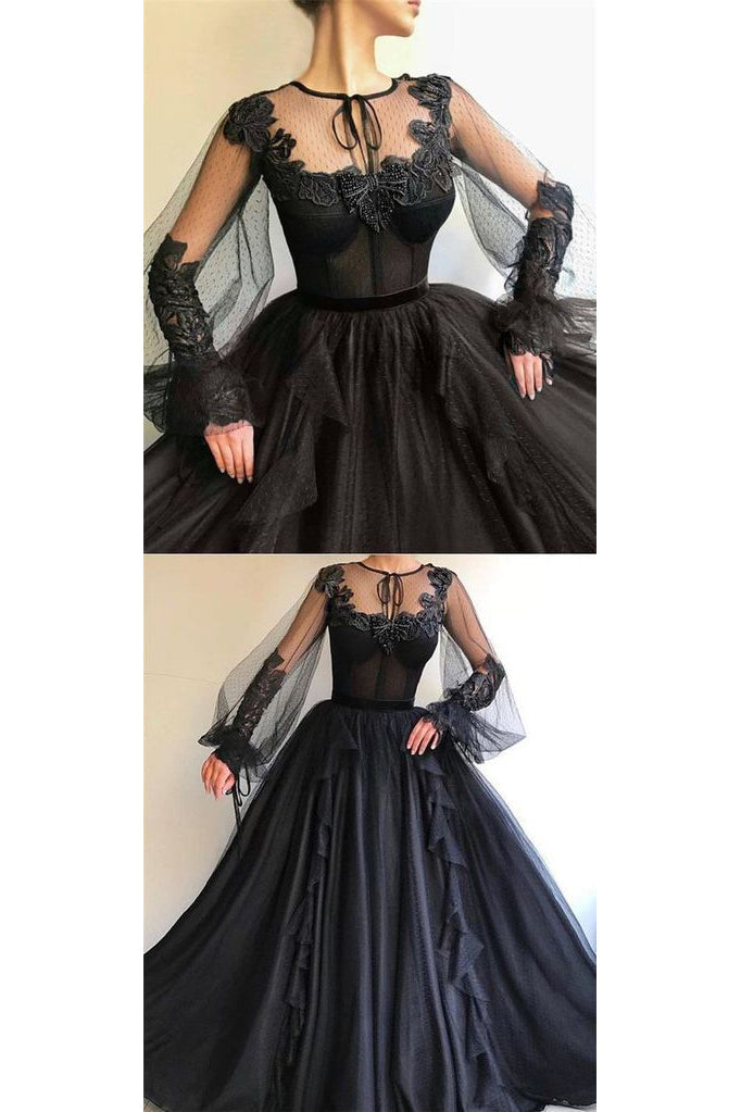 A Line Scoop Neck Long Sleeves Applique Long Tulle Prom Dresses Evening Gowns OHC280
