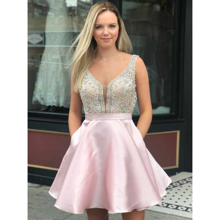 A Line Satin Beaded  Homecoming Dresses Sexy V-neck Short Prom Dress DKL1221