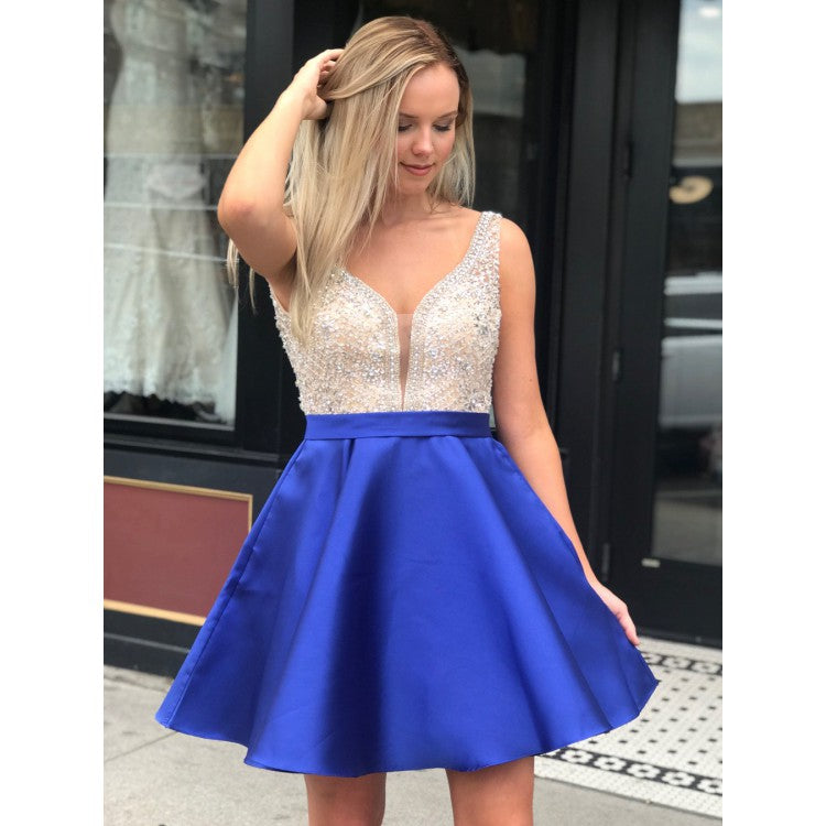 A Line Satin Beaded  Homecoming Dresses Sexy V-neck Short Prom Dress DKL1221