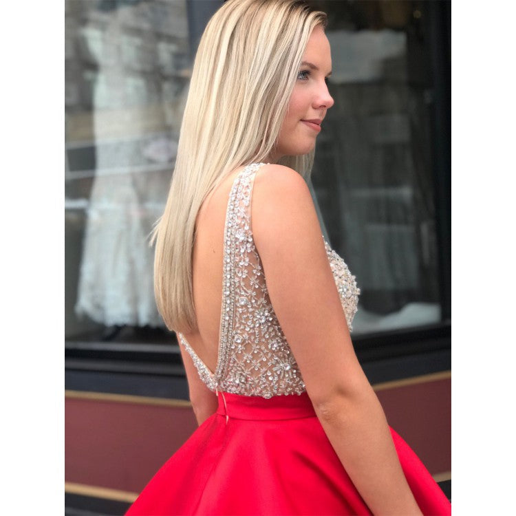 A Line Satin Beaded  Homecoming Dresses Sexy V-neck Short Prom Dress DKL1221