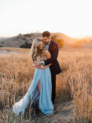 A Line Sky Blue Rustic Chiffon Deep V Neck Slit Summer Beach Wedding Dresses uk PH863