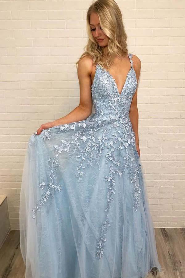 A Line Spaghetti Straps Light Blue Prom Dresses V Neck Lace Appliques Evening Dress CA526
