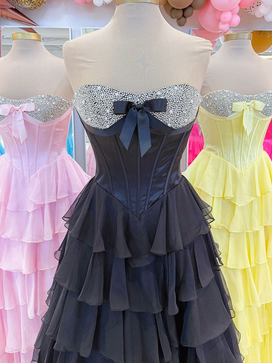 A Line Sweetheart Tiered Chiffon Long Prom Dress with Beading