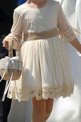 A line Long Sleeve Lace Above Knee Bowknot Flower Girl Dresses OHR027