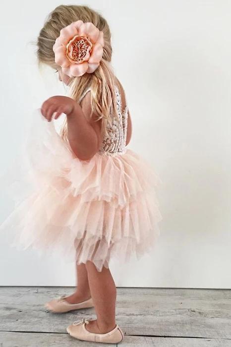 A-line Knee length Tulle Flower Girl Dress with Lace Party Dress OHR021