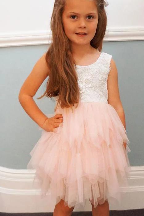 A-line Knee length Tulle Flower Girl Dress with Lace Party Dress OHR021