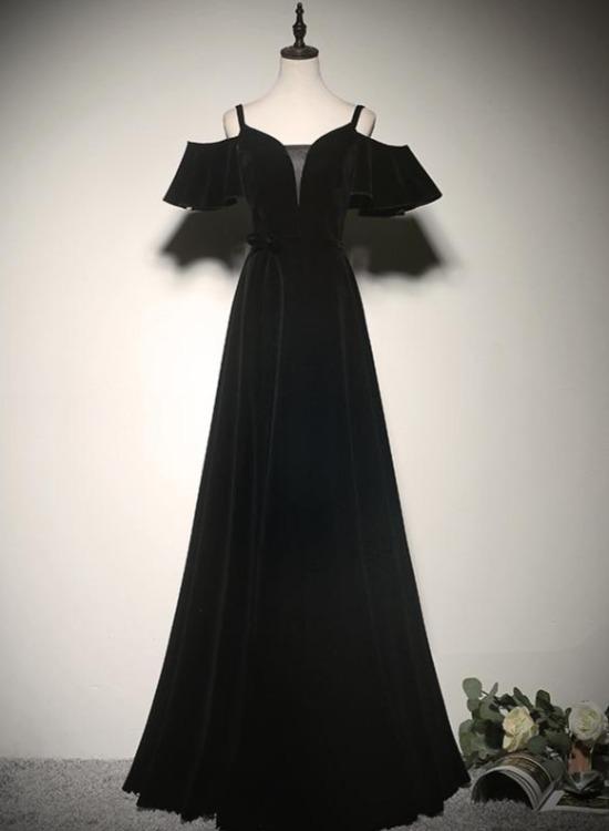 A-Line Black Off The Shoulder Velvet Long Prom Dress, Evening Dress CMS211128