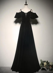 A-Line Black Off The Shoulder Velvet Long Prom Dress, Evening Dress CMS211128