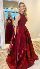 A-Line Burgundy Halter Long Prom Dress with Cross Back XC1427