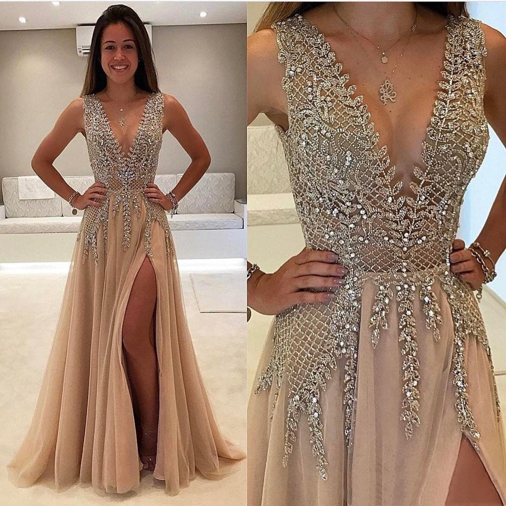 A-Line Floor-Length V-Neck Backless Sexy Champagne Beading Prom Dresses FV3103