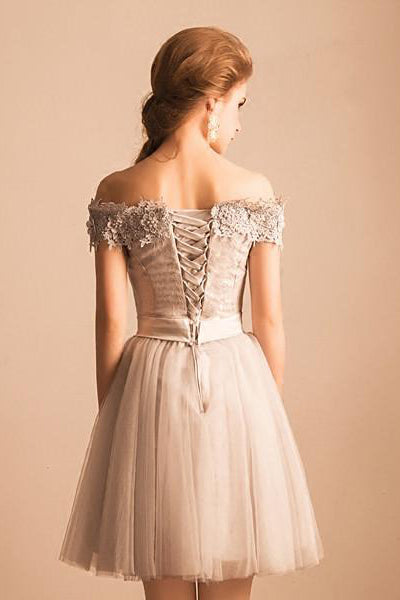 A Line Off-the-shoulder Cap Sleeves Tulle Homecoming Dress Short Prom Dress Party Dress OHM120