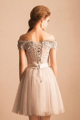 A Line Off-the-shoulder Cap Sleeves Tulle Homecoming Dress Short Prom Dress Party Dress OHM120