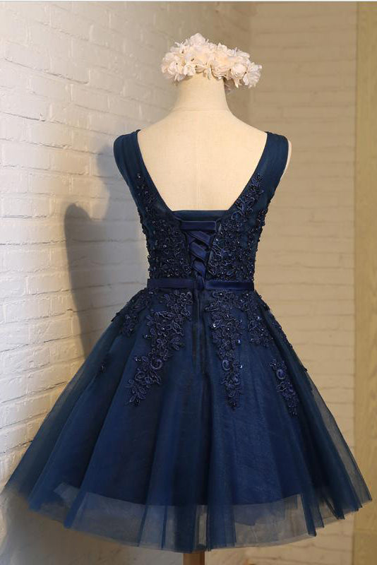 A Line V Neck Sleeveless Beading Appliques Tulle Homecoming Dress Short Prom Dress Party Dress  OHM126
