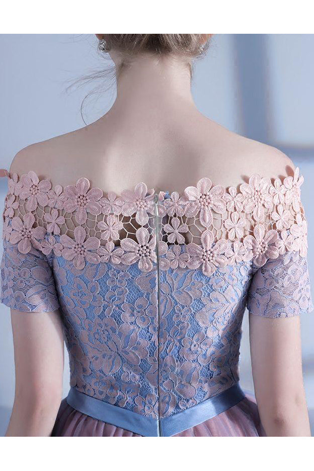 A Line Off-the-shoulder Short Sleeve Lace Short Prom Dress Tulle Homecoming Dress Party Dress OHM106