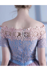 A Line Off-the-shoulder Short Sleeve Lace Short Prom Dress Tulle Homecoming Dress Party Dress OHM106