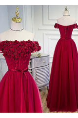 A Line Off The Shoulder Floor Length Short Sleeves Hand-Made Flower Long Burgundy Prom Dress/Evening Dress OHC127