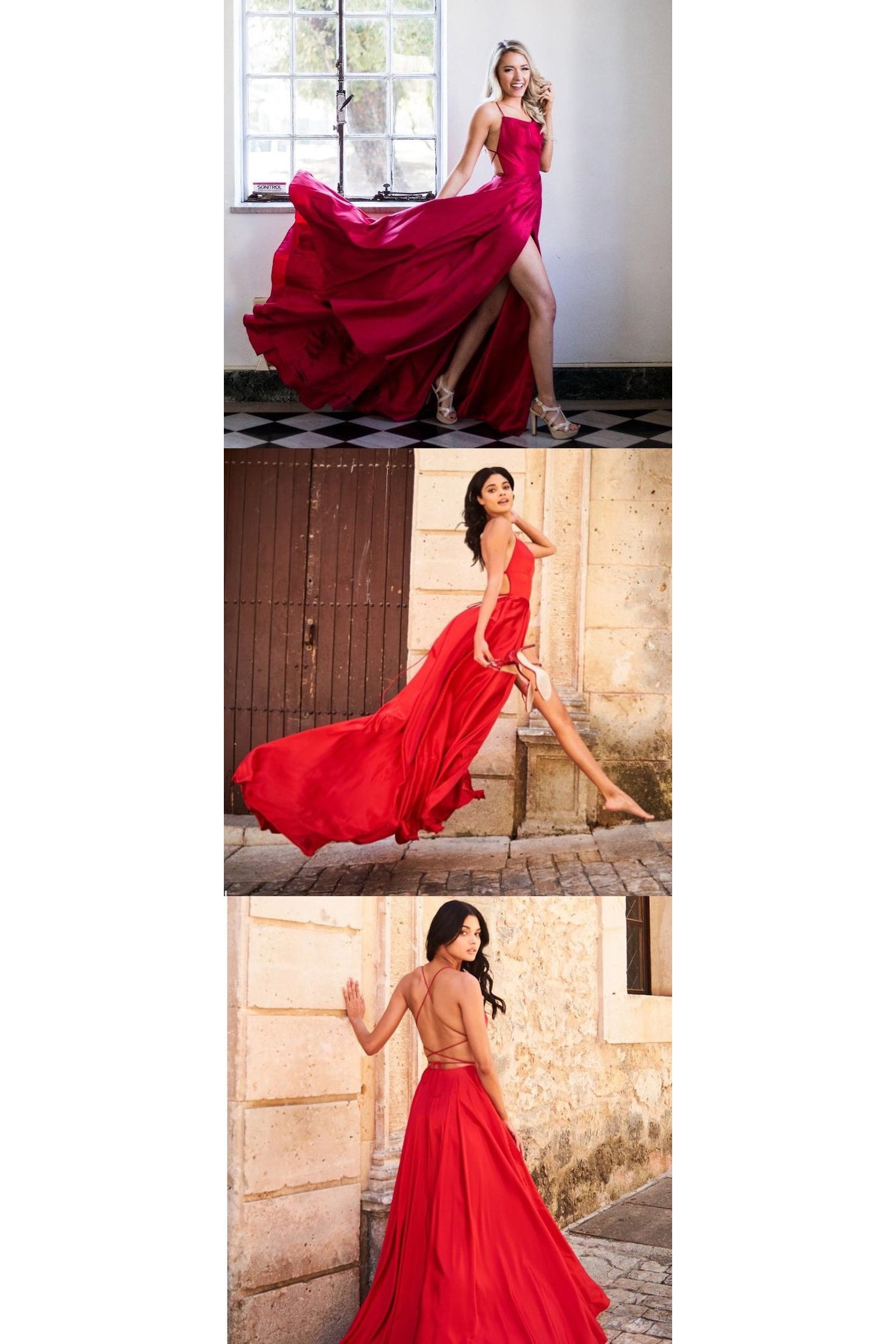 A Line Spaghetti Straps Floor Length Sleeveless Burgundy Slit Long Satin Prom Dresses OHC259