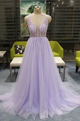 A Line V Neck Sleeveless Backless Beading Fashion Long Tulle Prom Dresses/Evening Dress OHC247