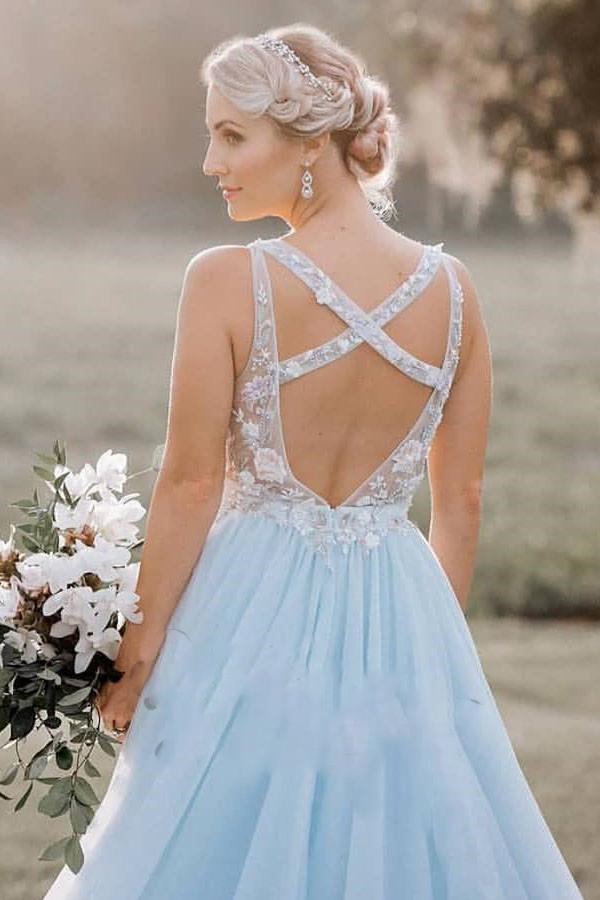 A Line V-neck Open Back Criss-Cross Straps Prom Dresses Sleeveless Long Tulle Embroidery Prom Dress OHC245
