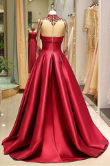 A Line High Neck Sweep Train Long Sleeves Burgundy Beading Long Satin Prom Dress Evening Dress  OHC123