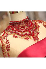 A Line High Neck Sweep Train Long Sleeves Burgundy Beading Long Satin Prom Dress Evening Dress  OHC123