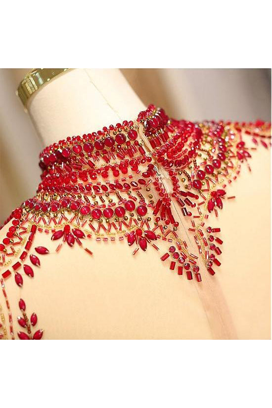 A Line High Neck Sweep Train Long Sleeves Burgundy Beading Long Satin Prom Dress Evening Dress  OHC123