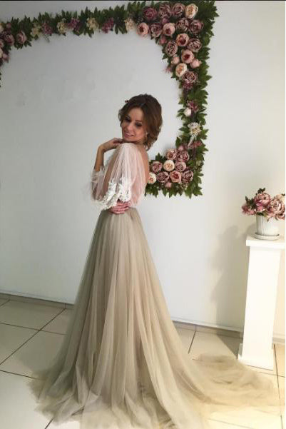 3/4 Sleeves Sexy Cheap Scoop Sweep Train Appliques Long Tulle Prom Dress Evening Dress OHC197