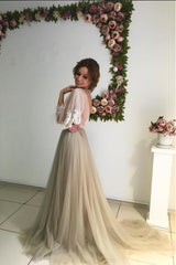 3/4 Sleeves Sexy Cheap Scoop Sweep Train Appliques Long Tulle Prom Dress Evening Dress OHC197