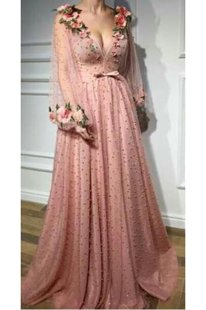 A line V-neck Floor Length Long Sleeves Beading Embroidery Tulle Prom Dress OHC114