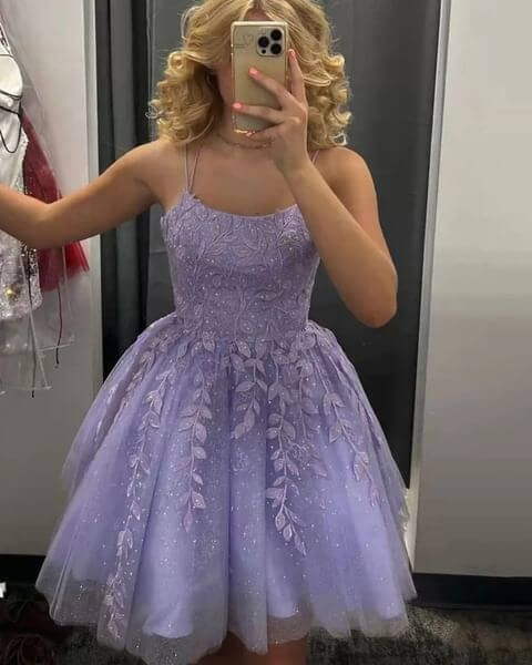 A Line Purple Lace Short Homecoming Dresses Backless Party Dress Y2107