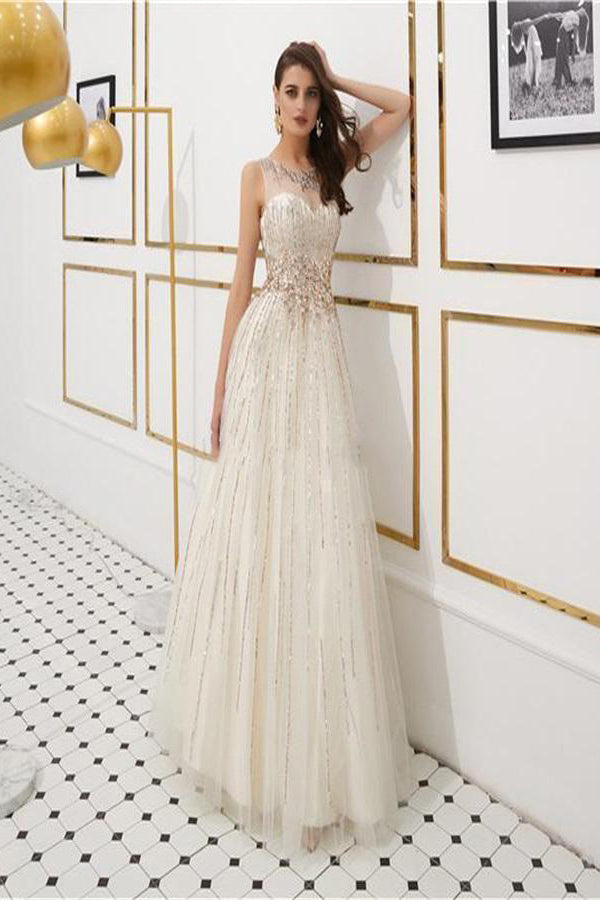 A Line Open Back Scoop Floor Length Rhinestone Long Tulle Prom Dresses OHC525