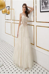 A Line Open Back Scoop Floor Length Rhinestone Long Tulle Prom Dresses OHC525